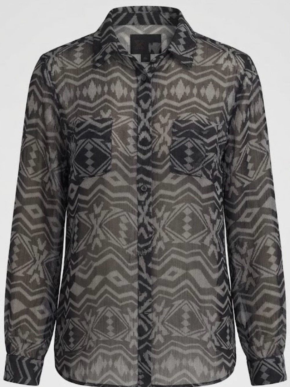Kollection Black Geometric Sheer Button Down Blouse L